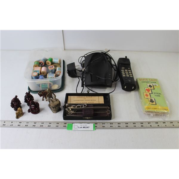 GE Cordless Telephone, Bridge Scorepads, Antique Veterinarian Tool Kit, Ornaments, Spools Thread