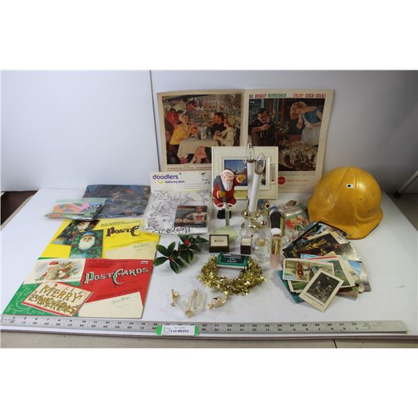 Assorted Vintage Items (Christmas Postcard Booklets, Doodlers Colorable Shirt, Laminated Coca-Cola A