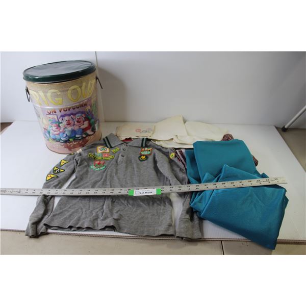 Pig Out on Popcorn Metal Barrel With Lid, Vintage Boy Scouts Shirt, Rolls Assorted Fabric, Tea Towel