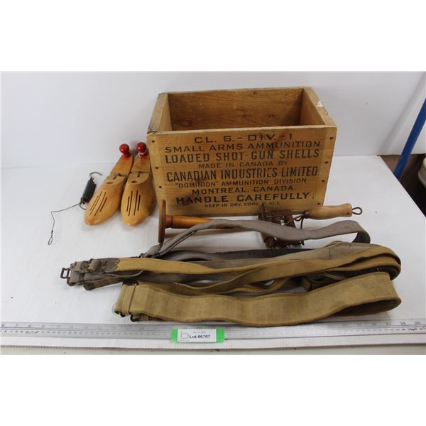Vintage Shotgun Shells Crate, (2) Vintage Shoe Stretchers, Misc.