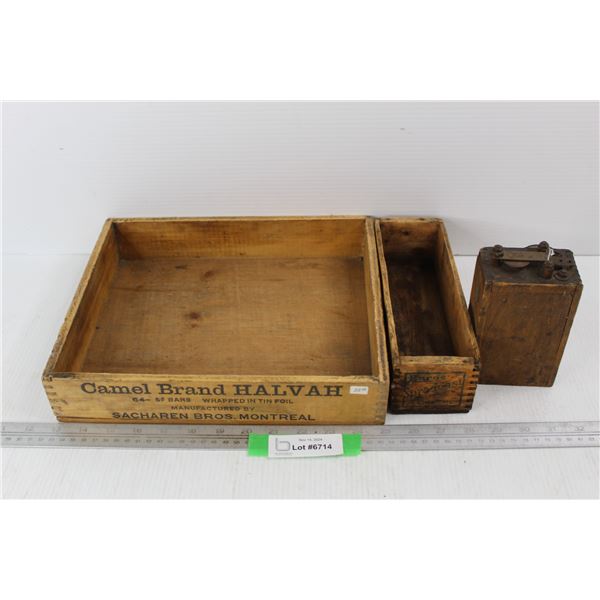 (2) Vintage Wooden Boxes, Cheese, Chocolate Bars, Vintage Ford Model T Igniting Coil