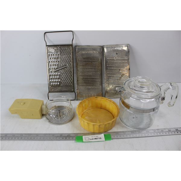 (3) Vintage Cheese Graters, Vintage Clear Glass Pyrex Coffee Pot, Misc.
