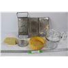 Image 1 : (3) Vintage Cheese Graters, Vintage Clear Glass Pyrex Coffee Pot, Misc.