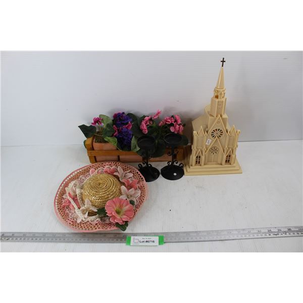 Lot Of Various Decor Pieces, Plastic Church Christmas Music Playing Decor, (2) Candle Holders, Misc.