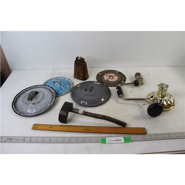 (3) Pot lids, Cowbell, Ceiling Light Holder, Carpenters Brace