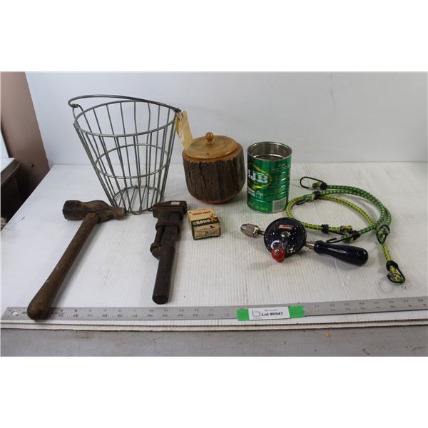 Pipe Wrench, Hammer, (3) Bungee Cords, Gold Ball Basket, Cracked Ginger