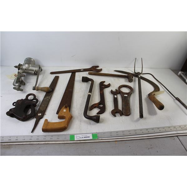 Hand Sickle, Wrenches, Hand Saw, Hammer, Assorted Tools