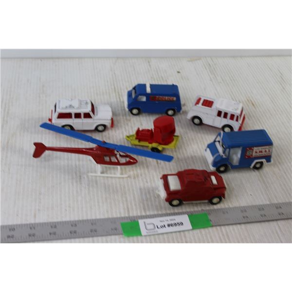 (4) Toy Cars, Toy Trailer, Toy Helicopter