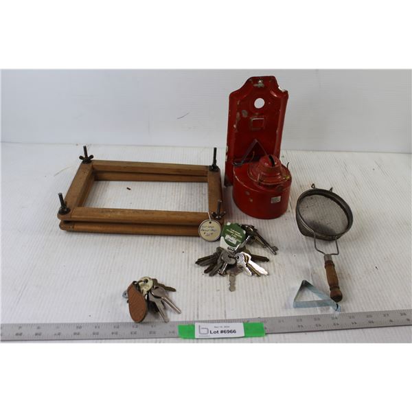 Old Wood Racket Press, Wall Kerosene Lamp, (2) Sets of keys