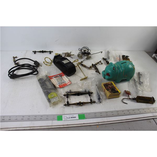 Coin Bank. Drawer Pulls, Piggy Bank, Hanging Weight Scale, Assorted Hardware