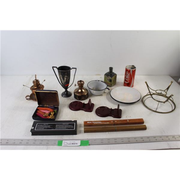 (2) made In Japan Filleting Knives, Coke Can Lighter, (2) Kerosene Lamps, Enamel Plate and Cup