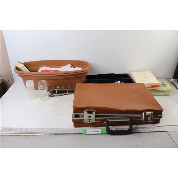 Briefcase, Books, Metal Car, Planter