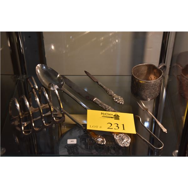 ASSORTED SERVING PIECES, FILE, LETTER OPENER, TONGS, CUP, ETC. (8 PCS)