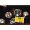 Image 1 : COLLECTION OF ASSORTED STERLING & GLASS COASTERS, URNS, PIPKIN W/WOODEN HANDLE, SPOONS & FORK (19 P