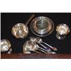 Image 2 : COLLECTION OF ASSORTED STERLING & GLASS COASTERS, URNS, PIPKIN W/WOODEN HANDLE, SPOONS & FORK (19 P