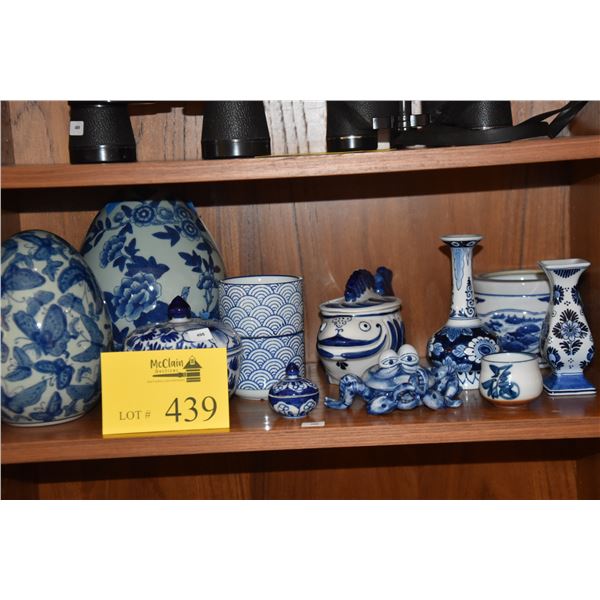 COLLECTION OF BLUE & WHITE VASES, COVERED JARS, EGGS, CUP, CRAB, FISH, ETC. (11 PCS)