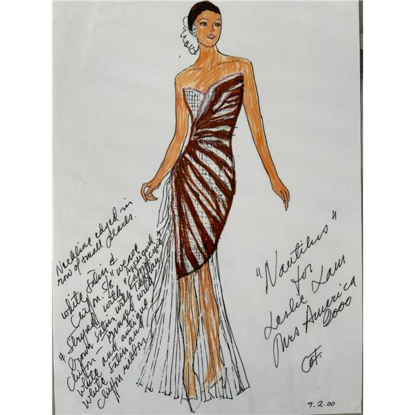 Woven Strapless "Nautilus" Dress (Designed for Mrs. America 2000), White & Burgundy, (faint stains)
