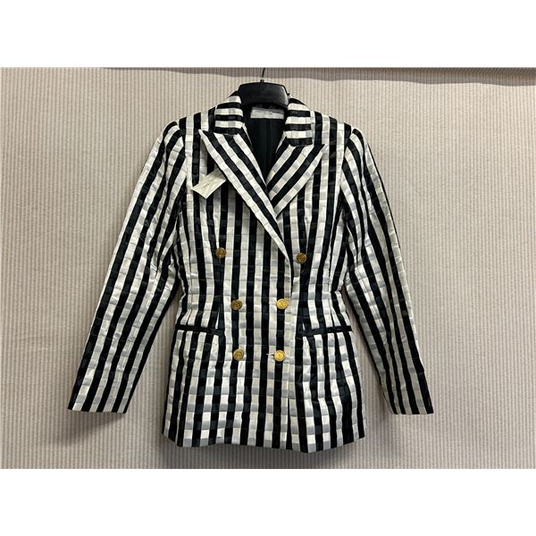 Woven Striped Double Button Blazer - Satin, Black & White, Size 4, New with Tag (retail $1650)