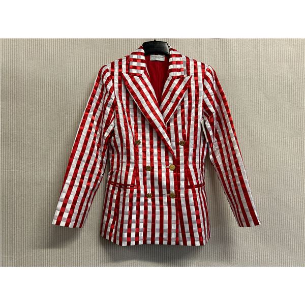 Woven Striped Double Button Blazer - Satin, Red & White, Size 6, With Tag, Faint Stains Retail $1650