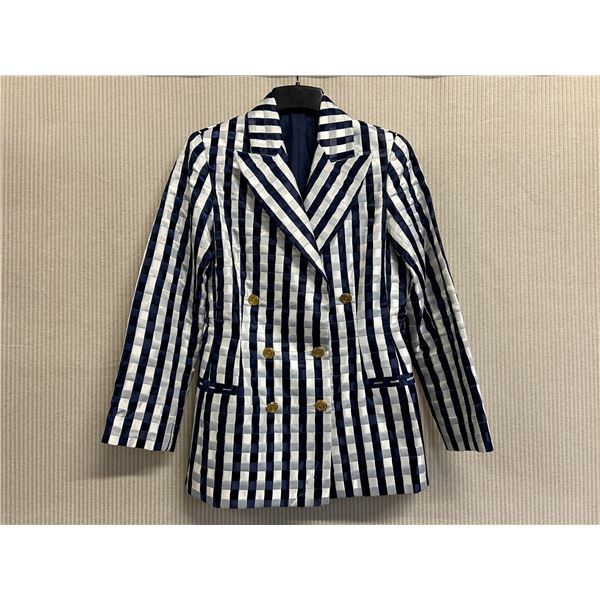 Woven Striped Double Button Blazer - Satin, Navy & White, Size 8, New - No Tag