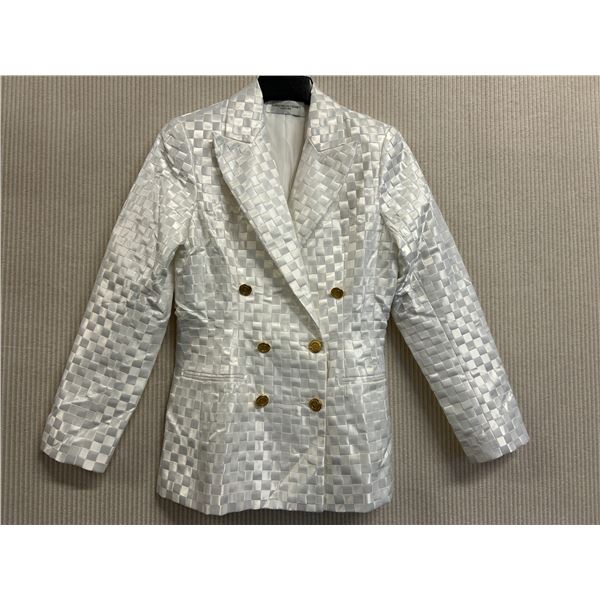 Woven Solid Double Button Blazer - Satin, White, Size 8, New with Tag (retail $1650)(faint stains)