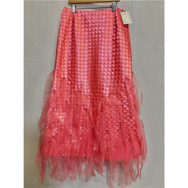 Long Woven Satin & Chiffon Coral Skirt w/ Ribbon Ties, Size 8, New with Tag (Orig. Retail $750)