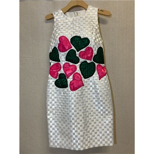 Woven White Satin and Chiffon Cocktail Dress w/ Hearts, Size 8, (Orig. Retail $1600)