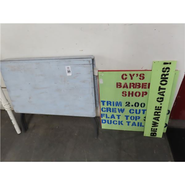 Wooden Top Folding Table, Barber Shop Gators Sign