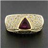Image 3 : 18K Yellow Gold GIA Bezel Triangular Ruby Solitaire Pave Diamond Dome Band Ring