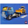 Image 1 : ERTL Truck w/Custom Equipment Hauler Trailer c/w Bruder JCB Backhoe (Truck Measures : 6"H x 6"W x 36