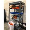 Image 1 : RACK AND BIN OF MISC EXERCISE EQUIPMENT INCLUDING A 6.5' H RACK