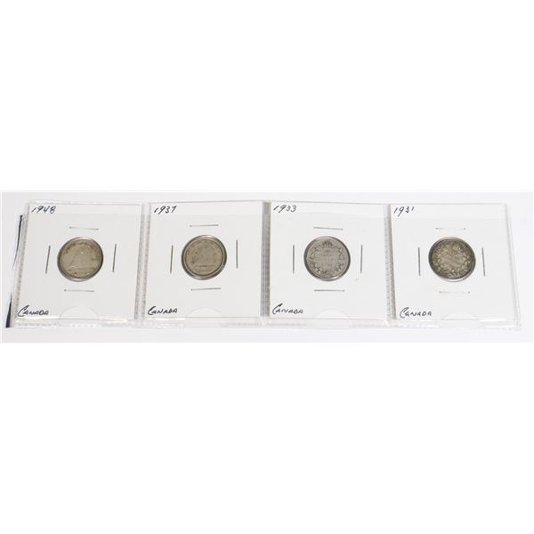 FOUR CANADIAN SILVER 10 CENT COINS