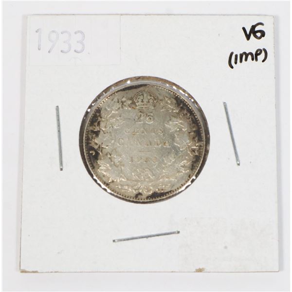 1933 CANADA SILVER 25 CENT COIN, 0.15-OZ OF