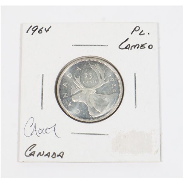 1964 CANADA 25 CENT PROOF LIKE CAMEO SILVER COIN