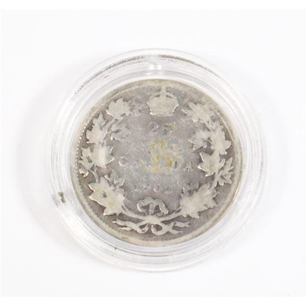 1902 CANADA 25 CENT SILVER COIN, 92.5% SILVER