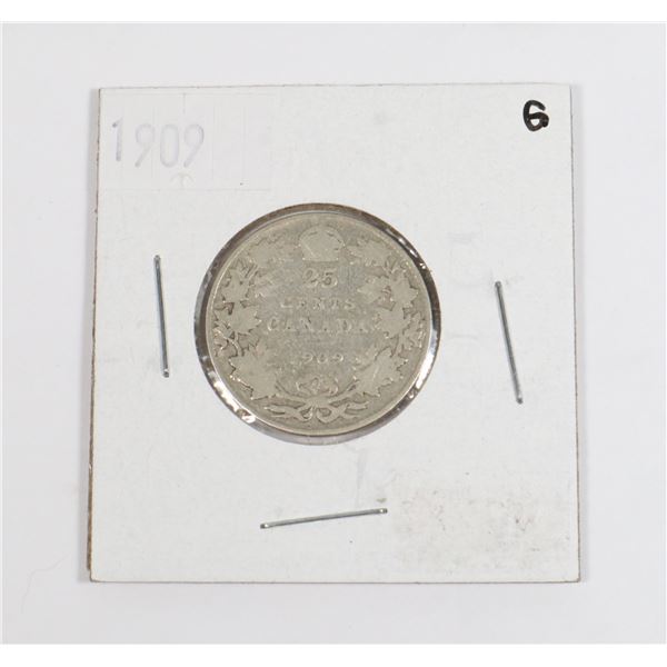 1909 CANADA 25 CENT SILVER COIN, 92.5% SILVER