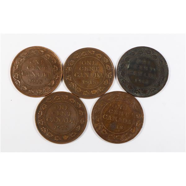 FIVE 1918 LARGE CANADIAN ONE CENT COINS