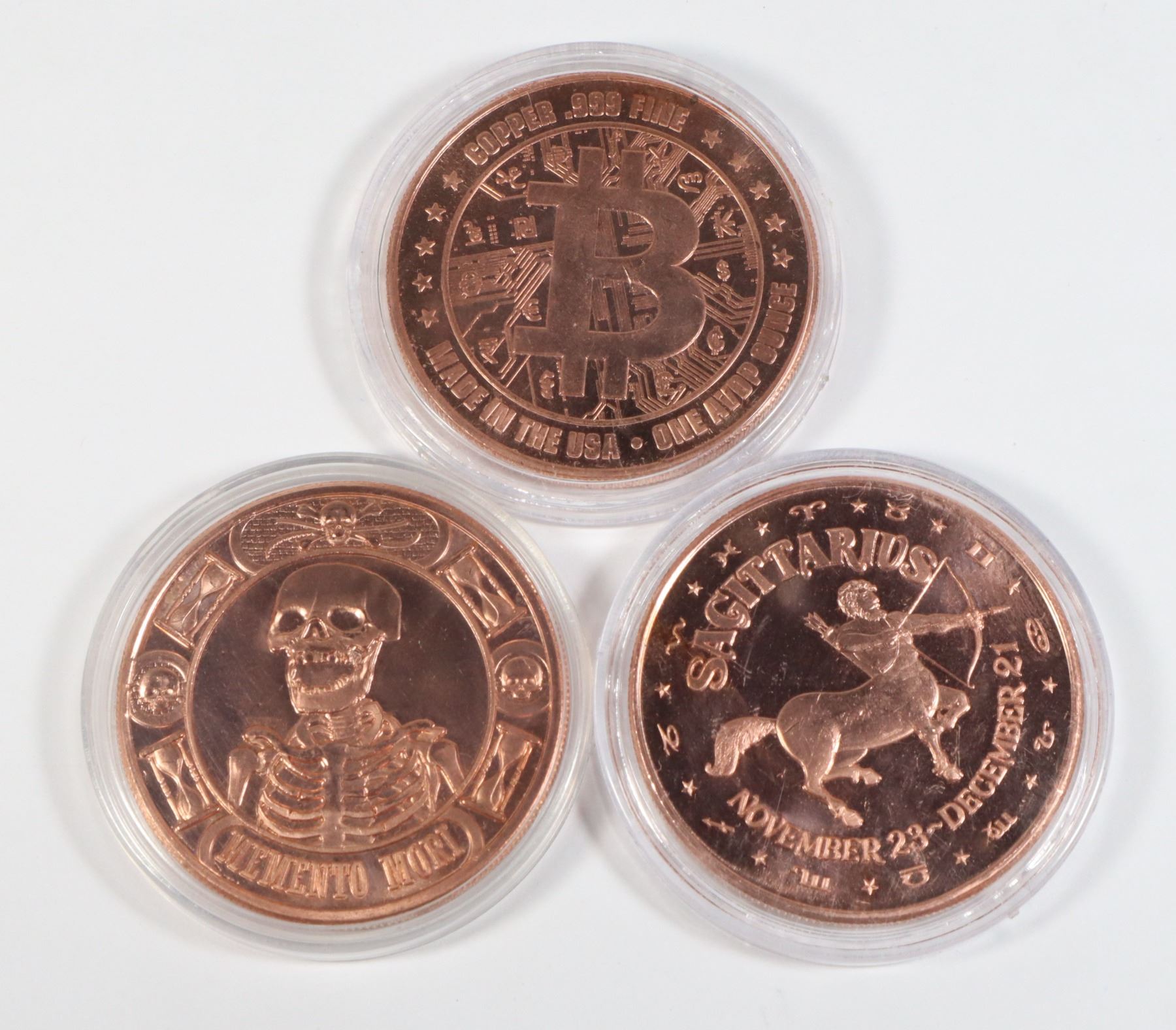 THREE 1-OZ 999 FINE COPPER ROUNDS IN CAPSULES