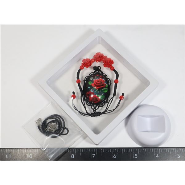 ELEGANT RED ROSE OVAL PENDANT NECKLACE