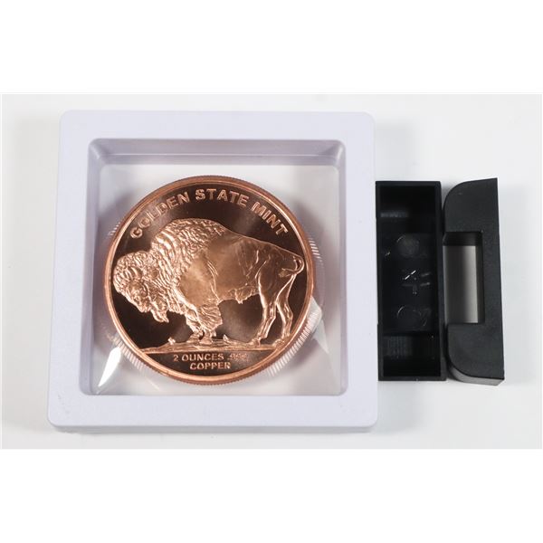 2-OZ BUFFALO COPPER ROUND IN FLOATING DISPLAY