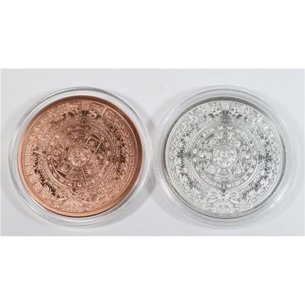 2-OZ AZTEC CALENDAR SILVER ROUND AND 2-OZ COPPER