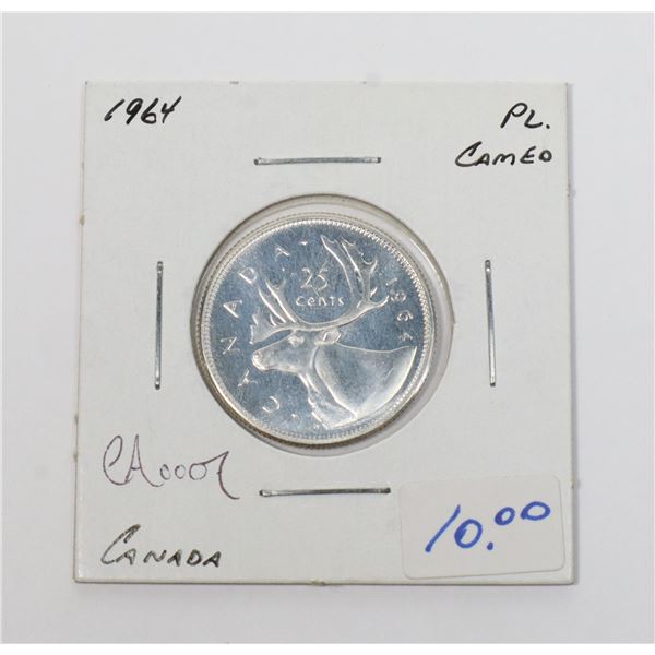 1964 CANADIAN SILVER 25 CENT PROOF LIKE CAMEO