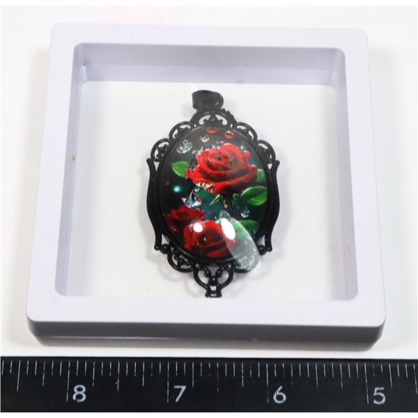 ELEGANT RED ROSE OVAL PENDANT NECKLACE