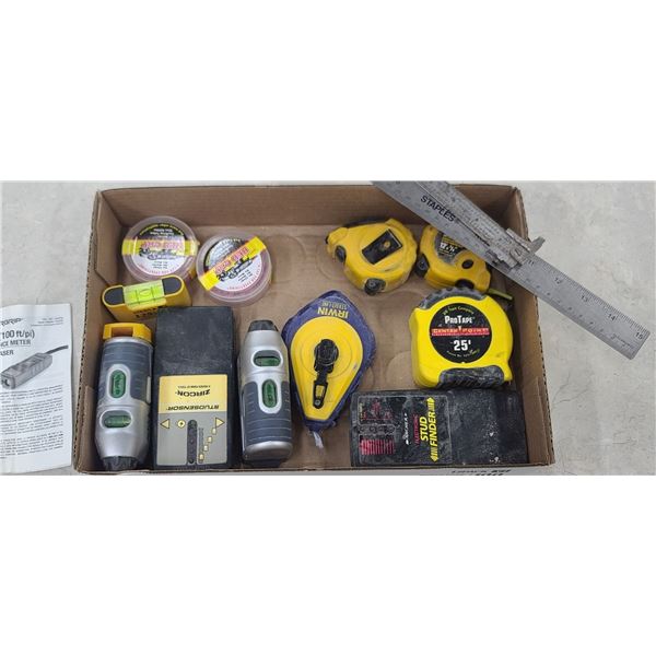ASSORTED TAPE MEASSURES, STUD FINDERS. AND LASER LEVELS