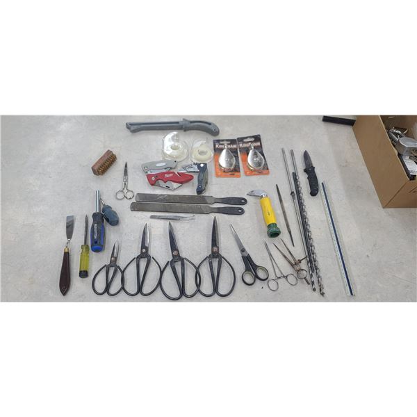 BOX OF ASSORTED SCISSORS AND TOOLS