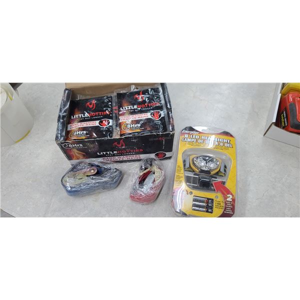 BOX OF HAND WAMERS - NEW LED HEADLAMP AND TWO RATCHET STRAPS