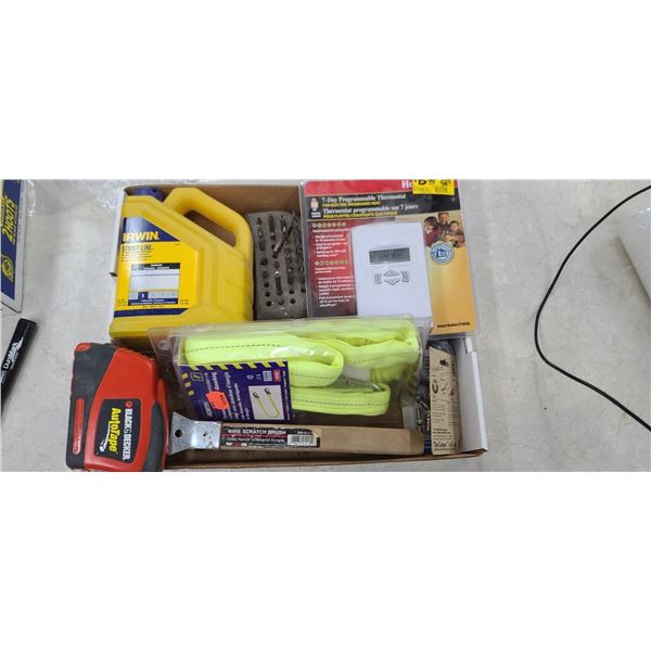 BOX WITH NEW THERMOSTADT, TAPE MEASURE, SAFETY LANYARD AND OTHER