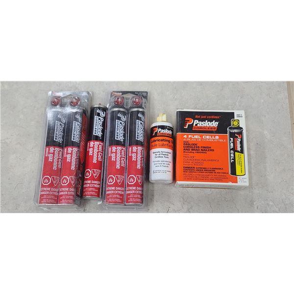 ASSORTED PASLODE CARTRIDGES FIVE LARGE AND FOUR SMALL AND OIL