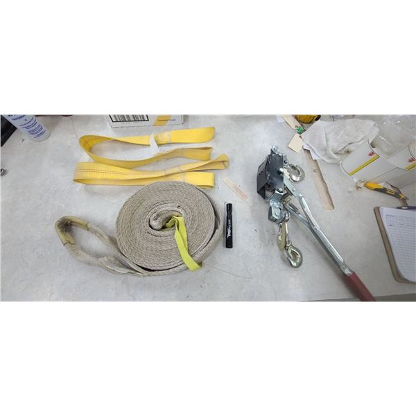 COME-A- LONG AND 18,000LBS TOW STRAP 2" X30' AND TWO 2 X 36" ANCHOR STRAPS