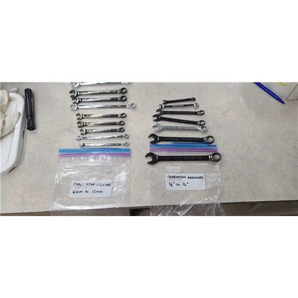 STANDARD AND METRIC COMBO WRENCHES 6MM TO 15MM AND 5/8 TO 1/4"